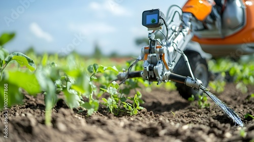Close up detailed view of a robotic weeding machine equipped with and blades precisely trimming unwanted plants in an agricultural field  The machine represents advancements in automated