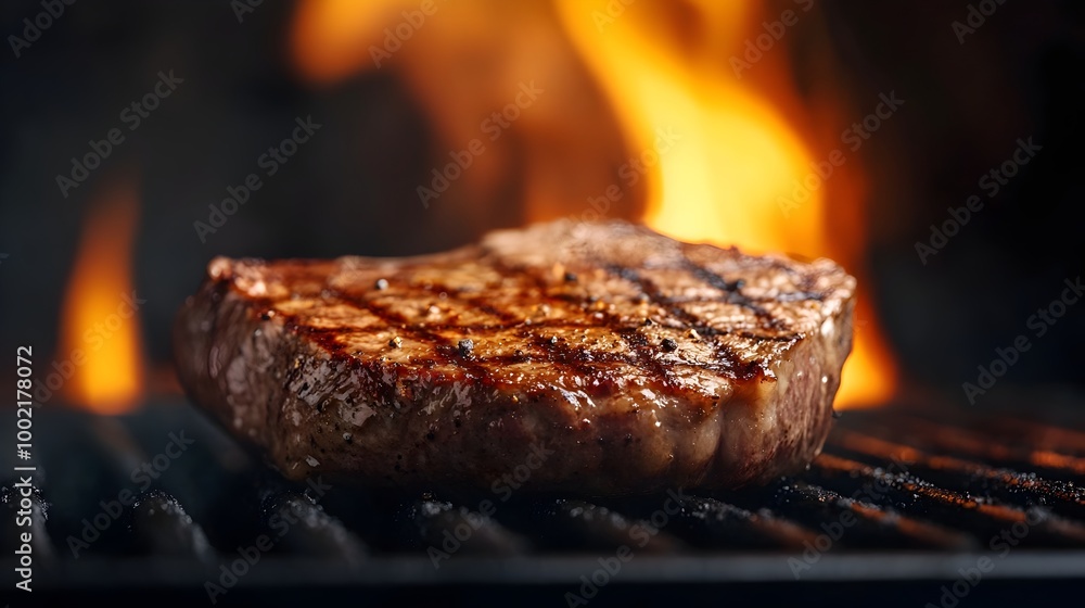 Close up image of a thick luscious steak searing on a hot grill with flames licking the edges isolated against a dramatic black background Close up image of a thick luscious steak searing on a hot grill with flames licking the edges isolated against a dramatic black background
