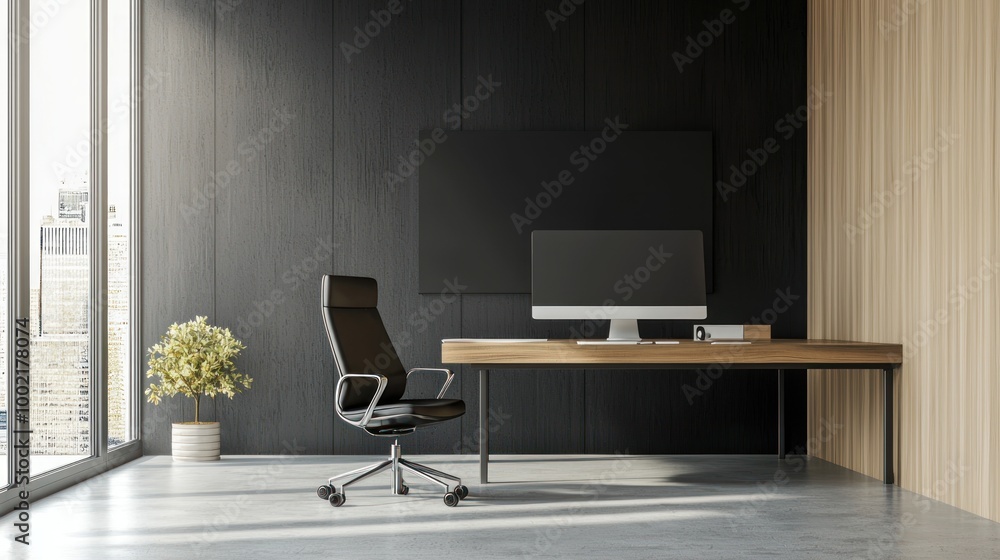 A modern workspace with sleek furniture and minimalistic decor, featuring a large desk, a stylish chair, and a wall-mounted monitor. A modern workspace with sleek furniture and minimalistic decor, featuring a large desk, a stylish chair, and a wall-mounted monitor.