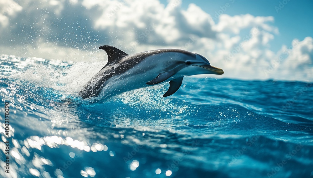 Naklejka premium A dolphin leaps out of the water, creating a splash as it jumps towards the blue sky.