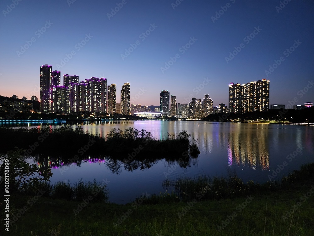 Naklejka premium the night view of the city reflected in the lake