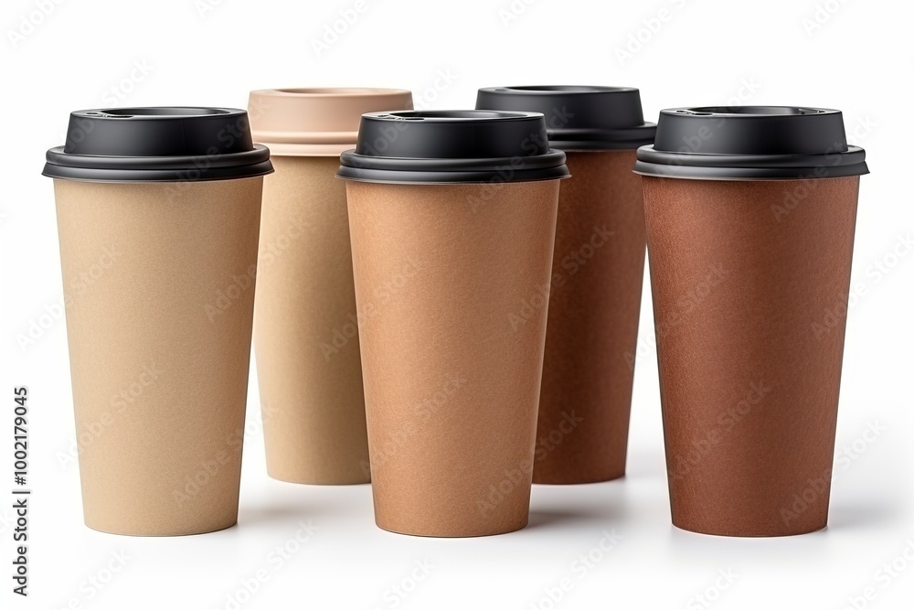 Various disposable coffee cups arranged in a line showcasing different colors and designs Various disposable coffee cups arranged in a line showcasing different colors and designs