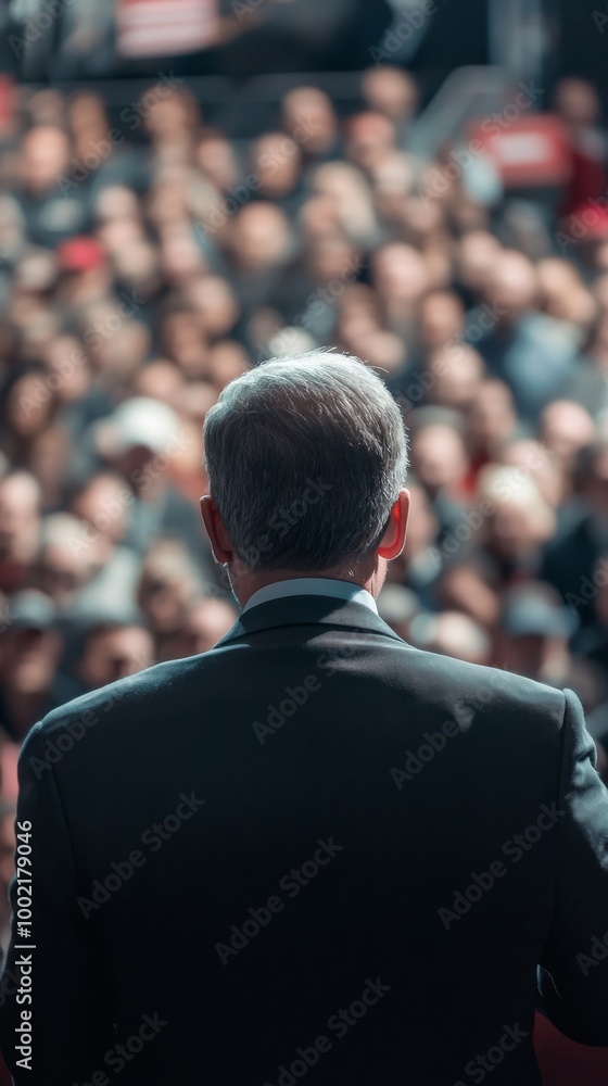 Back view of a politician speaking to crowd at election campaign rally Back view of a politician speaking to crowd at election campaign rally