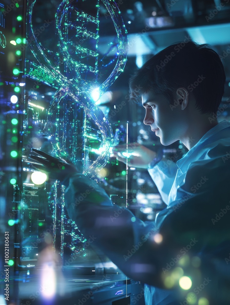 Fototapeta premium A genetic engineer manipulates floating holographic DNA strands in a futuristic lab filled with advanced technology. Generative AI