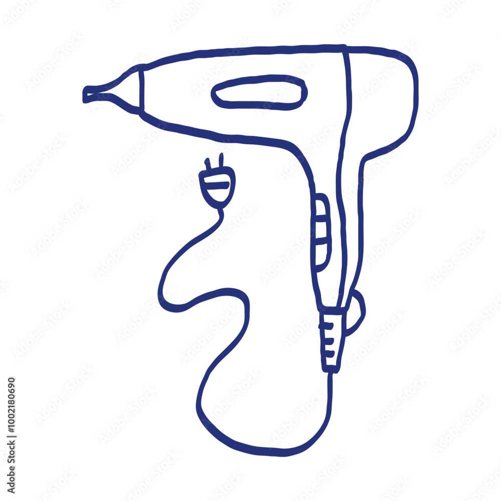 Hair dryer. Hairdressing equipment. Professional tool. Hand drawn sketch. Blue pen or marker drawing. Primitive kids picture. Vector illustration. Barber symbol Hair dryer. Hairdressing equipment. Professional tool. Hand drawn sketch. Blue pen or marker drawing. Primitive kids picture. Vector illustration. Barber symbol