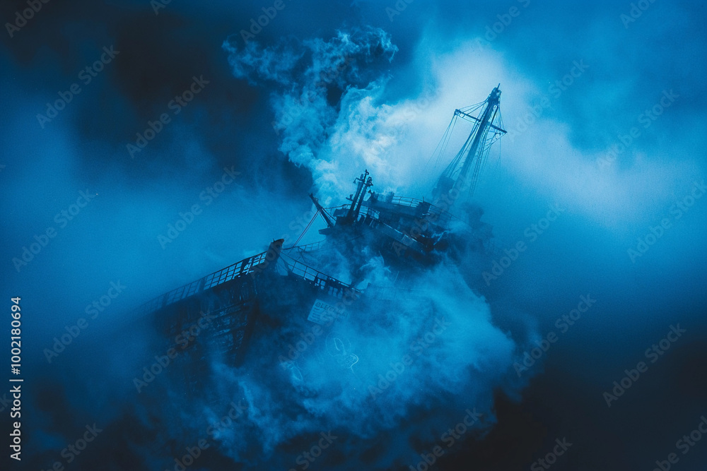 Fototapeta premium Underwater view of an old sunken ship on seabed with fish swimming