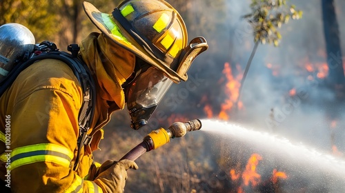 Close up view of a courageous firefighter in protective gear forcefully using a hose to spray water on the rapidly spreading edge of an intense out of control forest fire