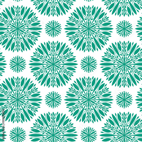 Round ornamental leaf. Green seamless pattern. Vector illustration. Wrapping paper, textiles. Nice background