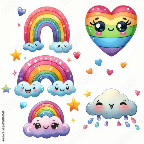Cute cartoon rainbow on white background. AI