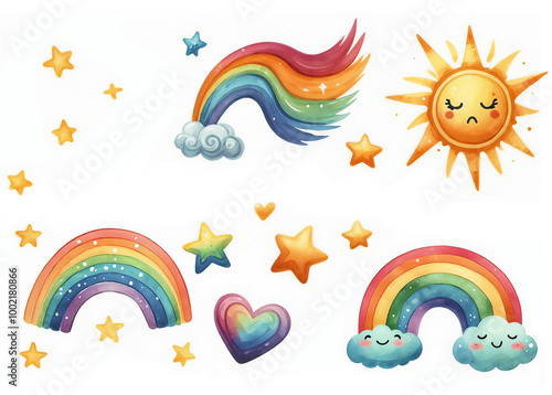 Cute cartoon rainbow on white background. AI