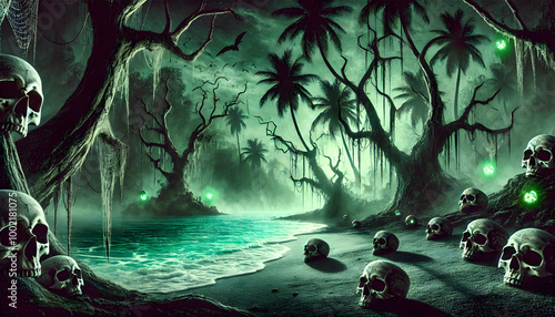 Fototapeta Naklejka Na Ścianę i Meble -  Eerie skull-covered beach in haunted jungle with glowing orbs
