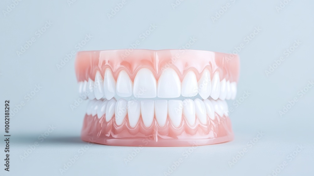 Full set of artificial teeth perfectly aligned, demonstrating dental health and t precision of modern prosthesis. Full set of artificial teeth perfectly aligned, demonstrating dental health and t precision of modern prosthesis.