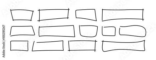 Free hand drawn rectangle frames set. Doodle rectangular shape. Scribble pencil square text box. Doodle highlighting design elements. Line border. Vector illustration isolated on white background.