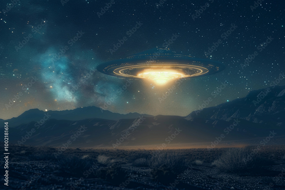 Iron oval UFO saucer hovering over beautiful landscape in dramatic sky Iron oval UFO saucer hovering over beautiful landscape in dramatic sky