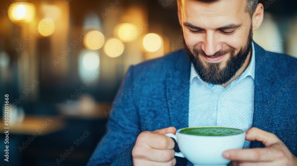 Businessman Enjoying a Green Smoothie in Cafe Setting Businessman Enjoying a Green Smoothie in Cafe Setting