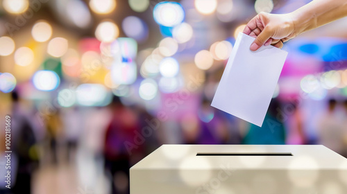 Close-up of a voting ballot box surrounded by election posters and campaign signs, representing the democratic process and commitment to the future.