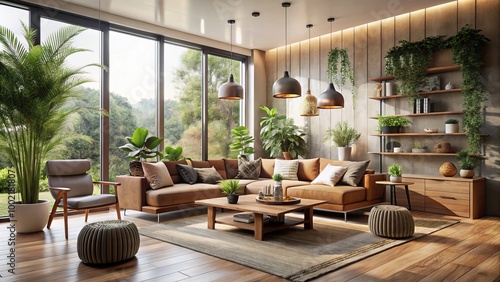 Embracing earthy tones and organic textures  modern interior design champions minimalist aesthetics  crafting a serene