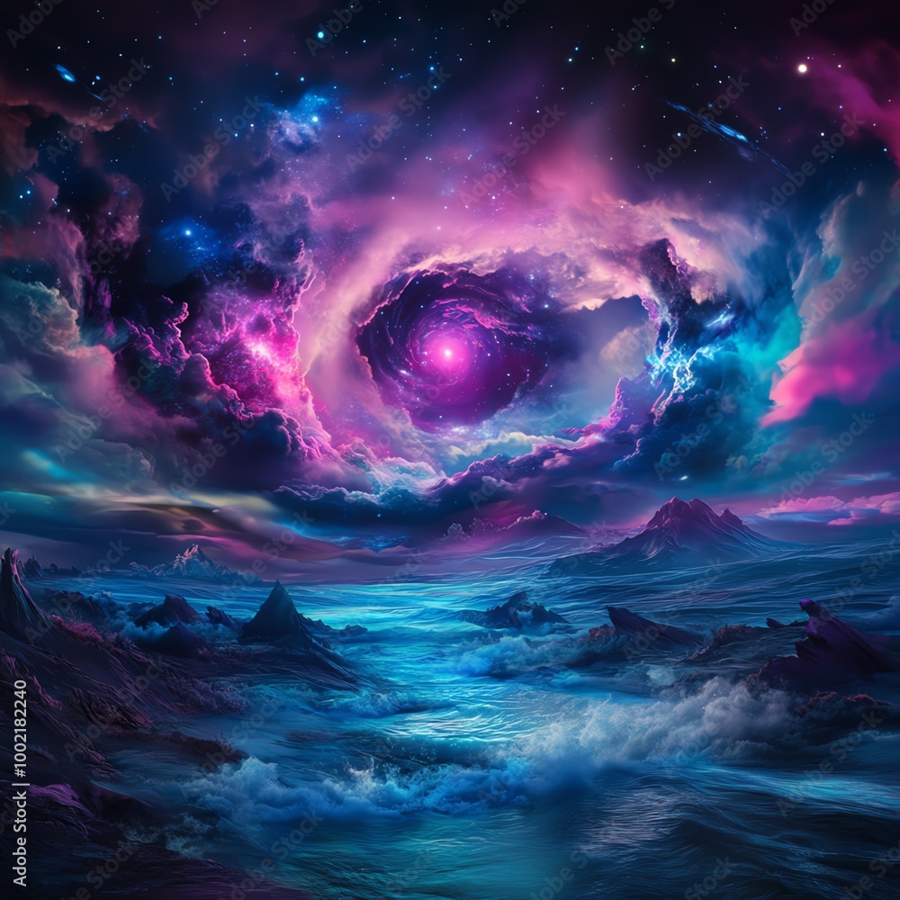 Obraz premium Cosmic landscape with nebula and ocean