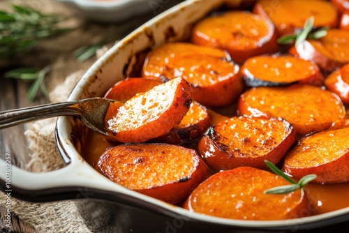 Candied Yams: Baked Sweet Potatoes with Fresh Orange Spoon on Autumn Background photo