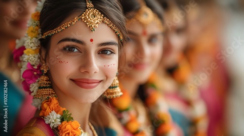 A young woman in traditional Indian attire, adorned with flowers and jewelry, smiles at the camera.