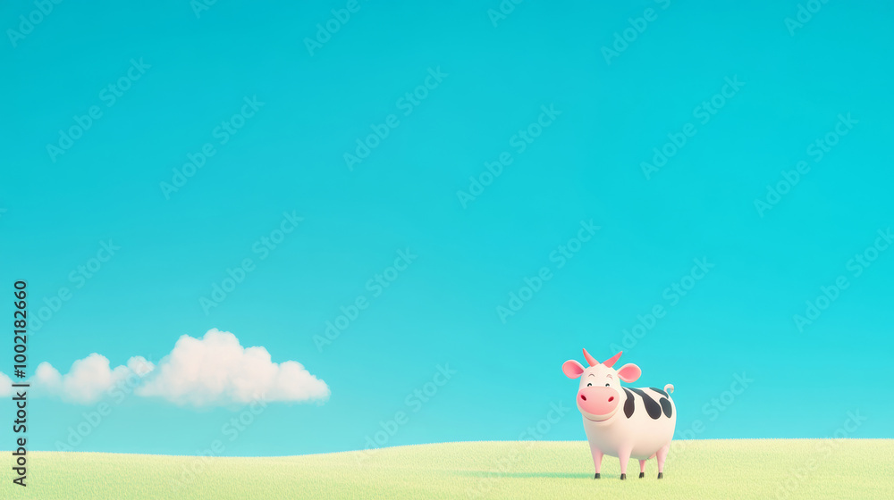 Fototapeta premium A cartoon cow hiding a smile, standing on a clean white surface with a vibrant blue sky above, green grassland.