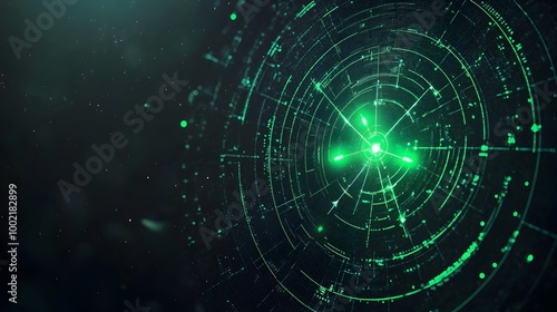 Close up view of an advanced aircraft detection radar screen displaying bright green blips against a sleek black background