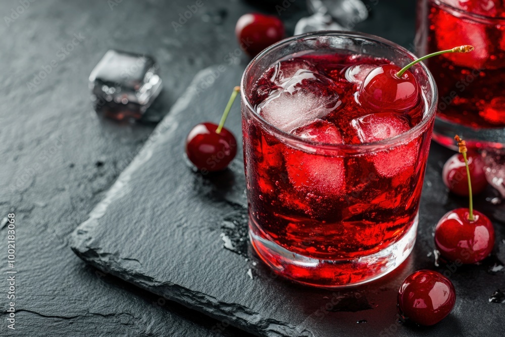 Cherry Cocktail. Fresh Summer Beverage with Ice Cubes and Liqueur in a Glass on Stone Background Cherry Cocktail. Fresh Summer Beverage with Ice Cubes and Liqueur in a Glass on Stone Background