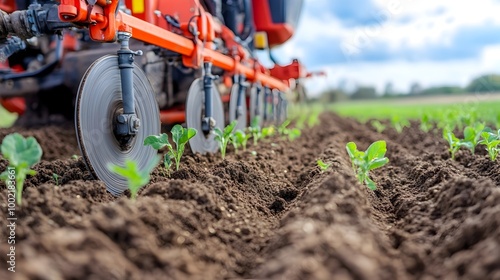 Close up view of the discs of a no till drill machine carving narrow slots or furrows in the soil preparing the ground for precision seeding and planting of crops
