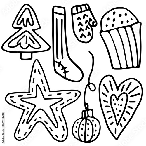 Hand-Drawn Christmas Doodles with Tree, Star, Stocking, Mittens, Ornament, Cupcake, and Heart