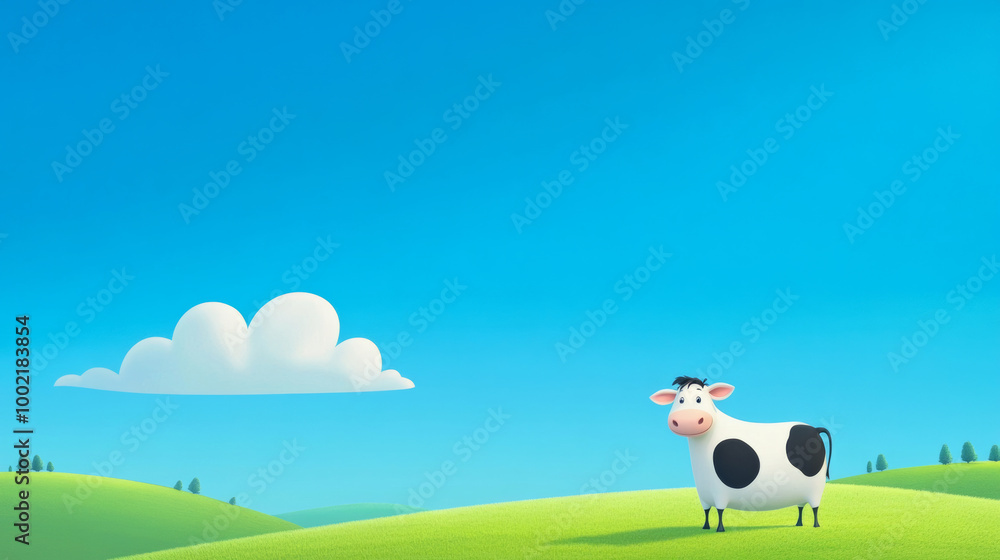 Fototapeta premium A cartoon cow hiding a smile, standing on a clean white surface with a vibrant blue sky above, green grassland.