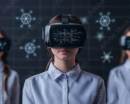 Students in an augmented classroom using AR glasses to interact with quantum physics concepts, with digital equations and atoms surrounding them photo