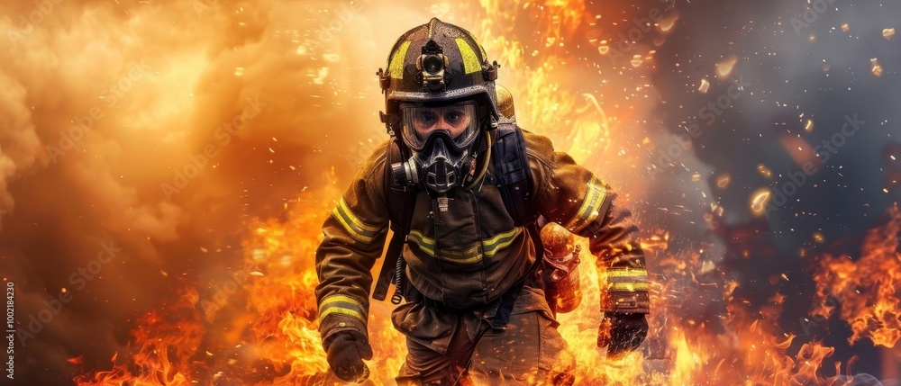 Firefighter With protective equipment in Burning fire background Firefighter With protective equipment in Burning fire background