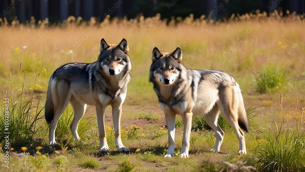 Immerse yourself in the tranquility of nature with this captivating image of a pair of wolves standing gracefully in a sunlit forest clearing. Immerse yourself in the tranquility of nature with this captivating image of a pair of wolves standing gracefully in a sunlit forest clearing.