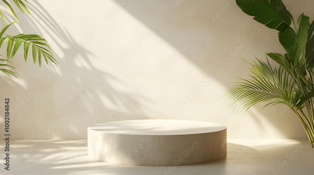 modern and minimal beige geometric round cylinder podium, tree twig with flowers in glass vase in sunlight, shadow for luxury beauty,white cosmetic product on a light background with palm leaf. modern and minimal beige geometric round cylinder podium, tree twig with flowers in glass vase in sunlight, shadow for luxury beauty,white cosmetic product on a light background with palm leaf.