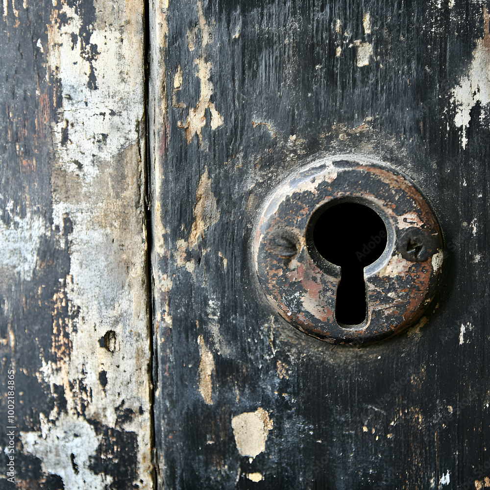 Old keyhole showing through peeling paint on a black door Old keyhole showing through peeling paint on a black door