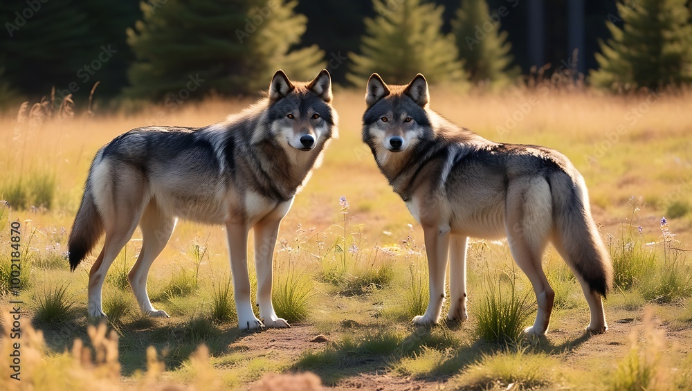 Immerse yourself in the tranquility of nature with this captivating image of a pair of wolves standing gracefully in a sunlit forest clearing. Immerse yourself in the tranquility of nature with this captivating image of a pair of wolves standing gracefully in a sunlit forest clearing.
