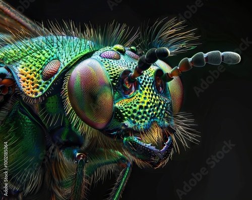 The head of an insect captured under the microscope, with its green body and colorful eyes. The closeup view highlights intricate details such as hairlike features on their wings, skin texture, and vi photo