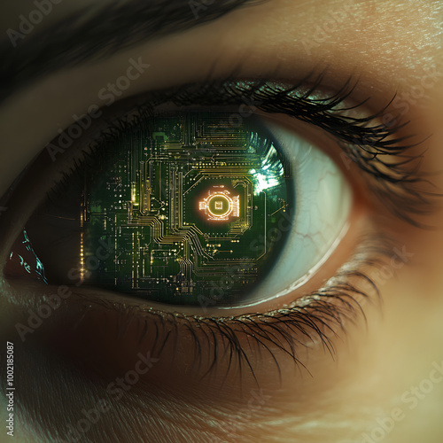 Woman eye showing printed circuit board reflecting artificial intelligence