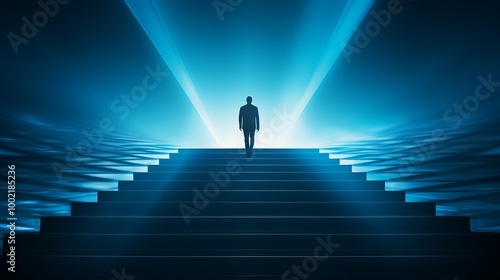 A man walks up illuminated stairs toward a bright light source in a mysterious, tranquil setting