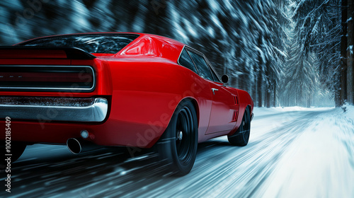 a red muscle car, driving down the road in a winter forest with snow