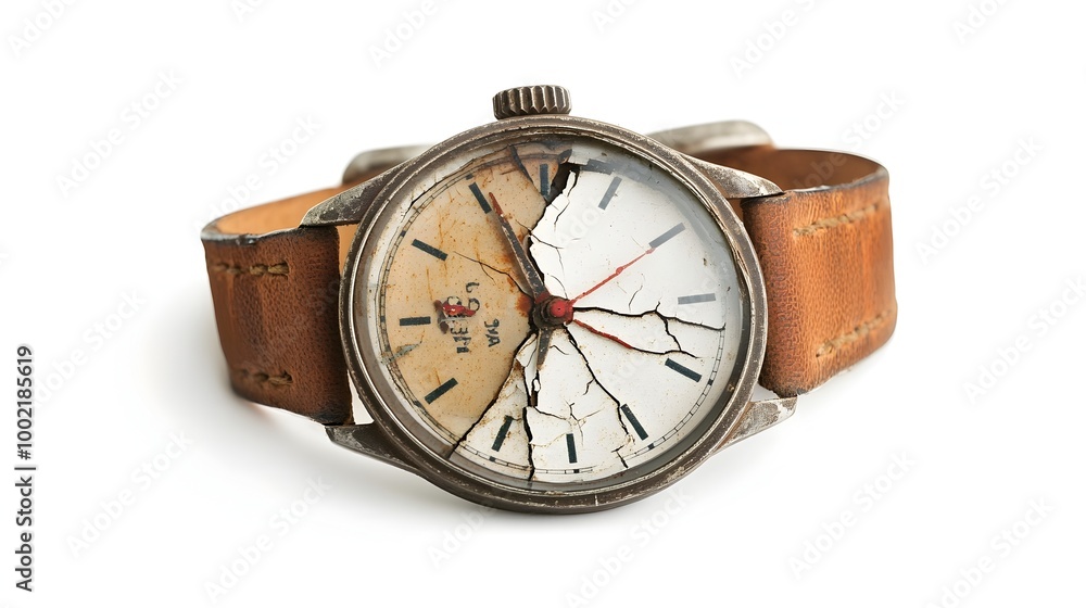 Closeup of a damaged and worn wristwatch with a cracked face and missing hands isolated on a plain white background The timepiece is in a state of disrepair showcasing the effects of age and wear Closeup of a damaged and worn wristwatch with a cracked face and missing hands isolated on a plain white background The timepiece is in a state of disrepair showcasing the effects of age and wear
