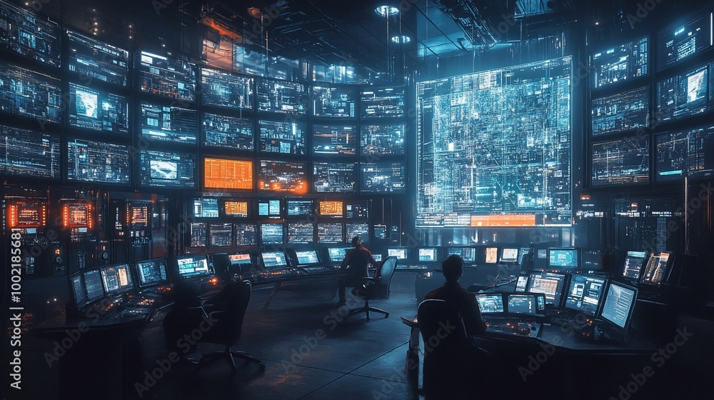 A futuristic control room with multiple monitors and staff working. A futuristic control room with multiple monitors and staff working.