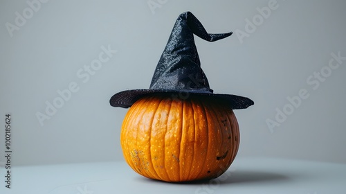 87. A minimalist image with a white background featuring a pumpkin with a witch's hat in the center
