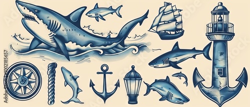 Vintage nautical tattoo elements set vector illustration with elements such as ship, lighthouse, anchor and shark. Blue color scheme on beige background, vintage style vector illustrations for t-shirt photo