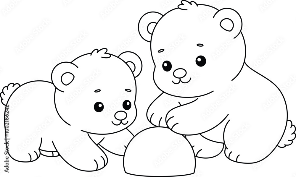 Fototapeta premium Baby Polar Bear are Playing with Snow Coloring Page. Christmas and Winter Illustration