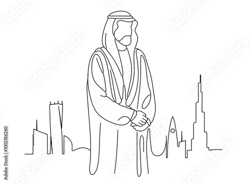 Continuous one-line drawing of arab man in a thobe in front of the united arab emirates skyline in Dubai editable stroke design 