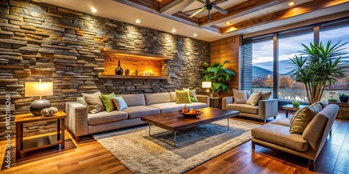 Incorporate a modern stone wall in your living room design, paired with natural elements and warm lighting for