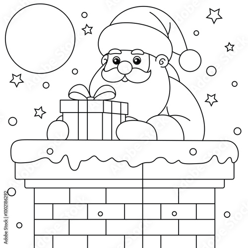 Santa and Gift on Chimney Outline Coloring Page. Christmas and Winter Illustration