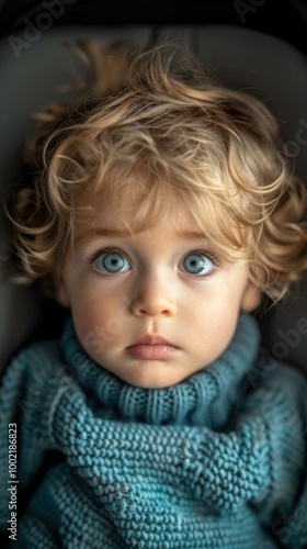 A young child with blonde curly hair and blue eyes looks at the camera. AI.