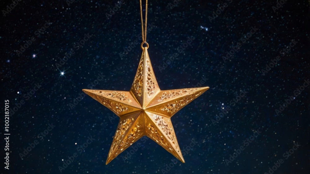 Golden christmas star ornament hanging against a starry night sky Golden christmas star ornament hanging against a starry night sky